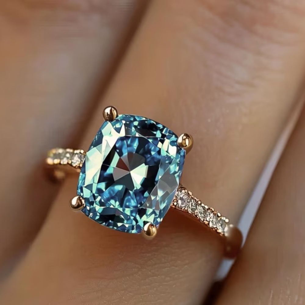 Blue Synthetic Crystal Cushion-Cut Ring with 14 kt Gold Plated Pave’ Band - Picture 3 of 5